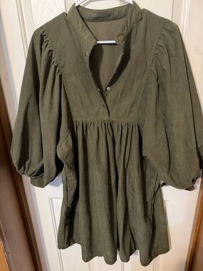 Olive Green Puff Sleeve Tunic Dress